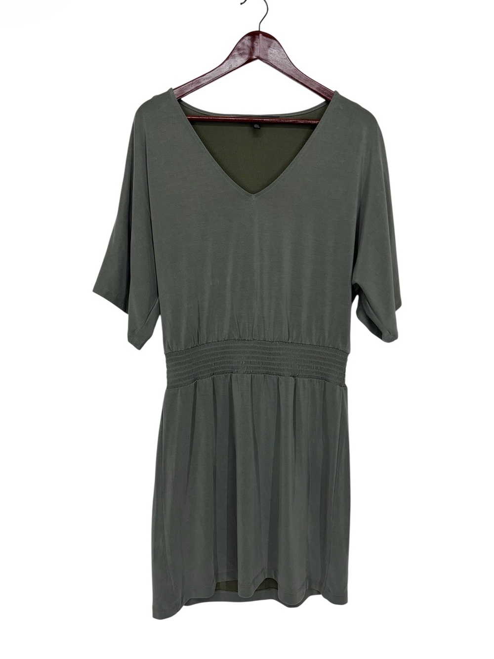 White House Black Market Sage Green V-Neck Dress With Wide Draped Short Sleeves